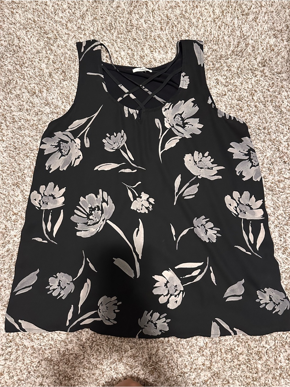 Maurices Black Tank Top with Silver Floral Print and Crisscross Neck
